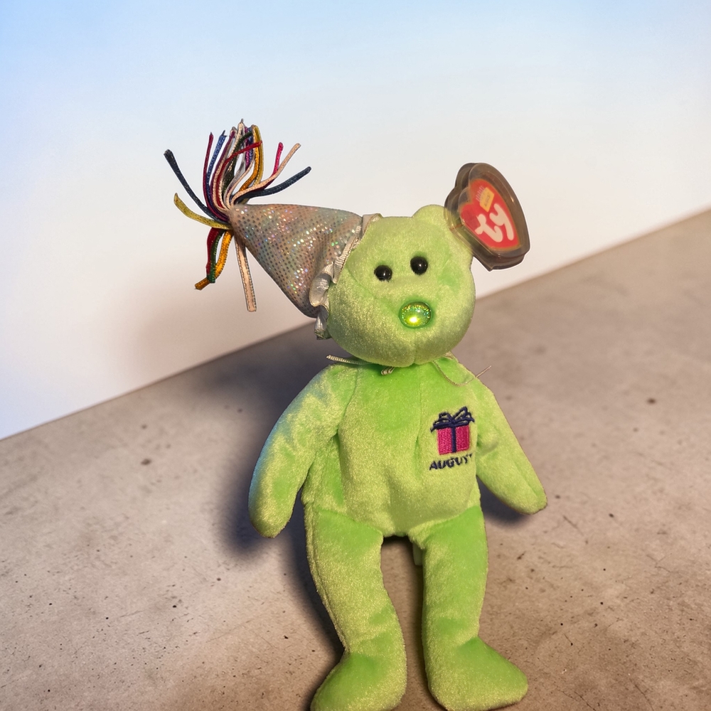 Ty Plush Green 'August' Birthday Bear with Party Hat